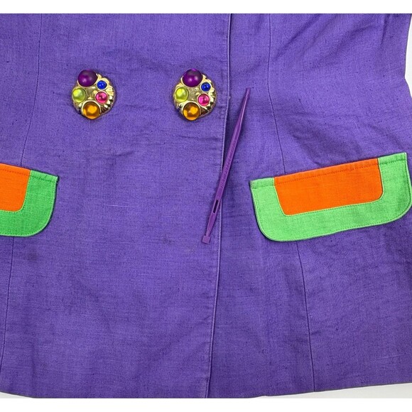 VTG Helene D Collection Linen Colorblock SS Jacket Jeweled Buttons FLAWS 14 - Picture 9 of 16